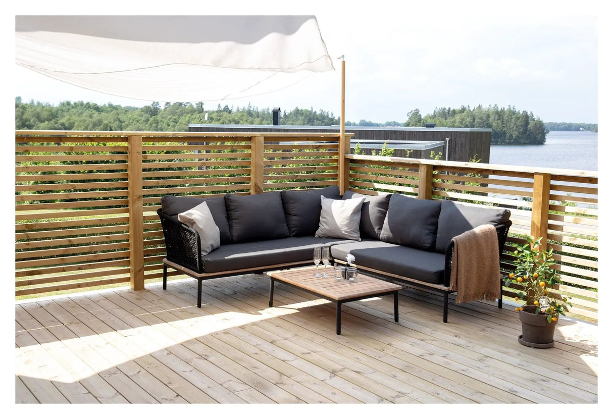 Andorra Hjørnesofa m. bord, Sort Alu/Sort Reb/Grå Hynde - UNOLIVING.COM