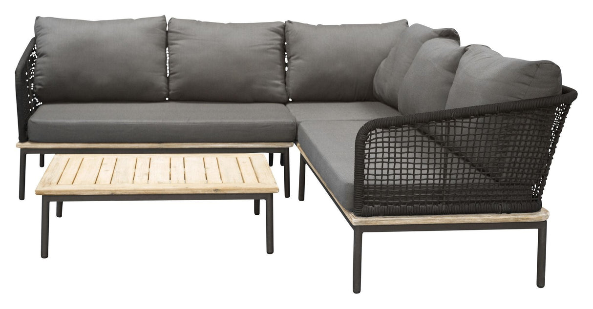 Andorra Hjørnesofa m. bord, Sort Alu/Sort Reb/Grå Hynde - UNOLIVING.COM