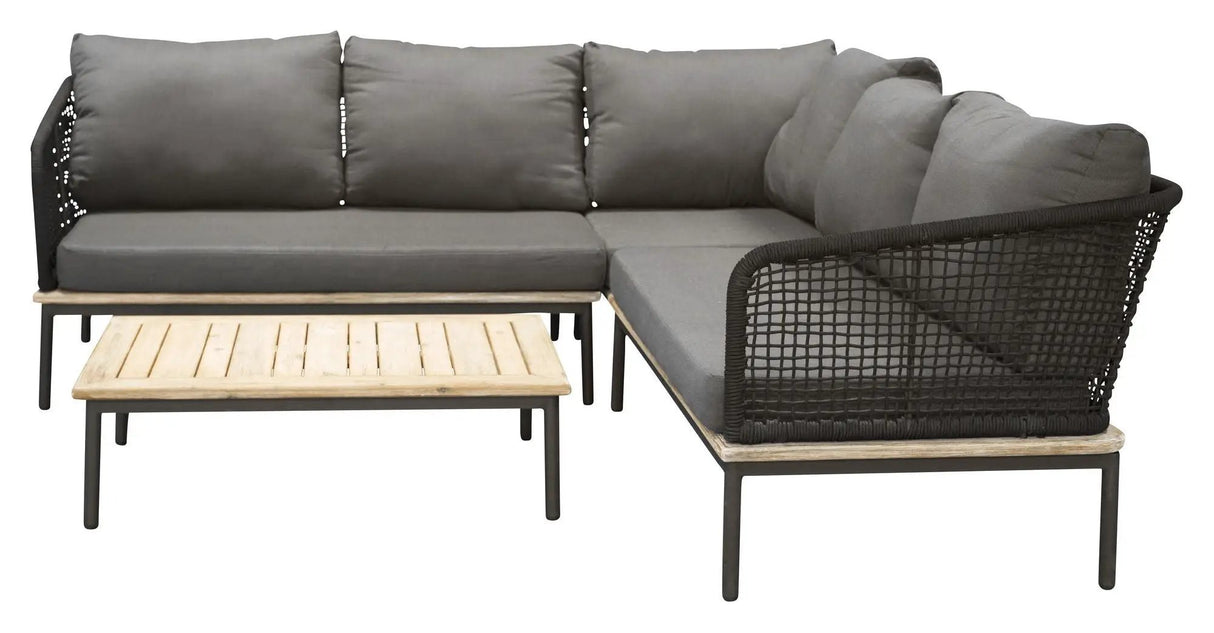 Andorra Hjørnesofa m. bord, Sort Alu/Sort Reb/Grå Hynde - UNOLIVING.COM