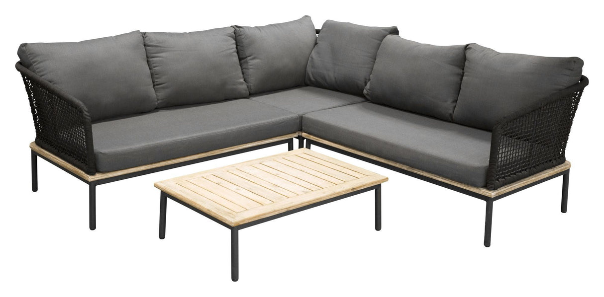 Andorra Hjørnesofa m. bord, Sort Alu/Sort Reb/Grå Hynde - UNOLIVING.COM