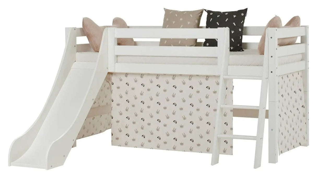 ECO Luxury Halvhøj seng m. stige, rutsjebane og Pristine forhæng 90x200, Hvid - Unoliving.com