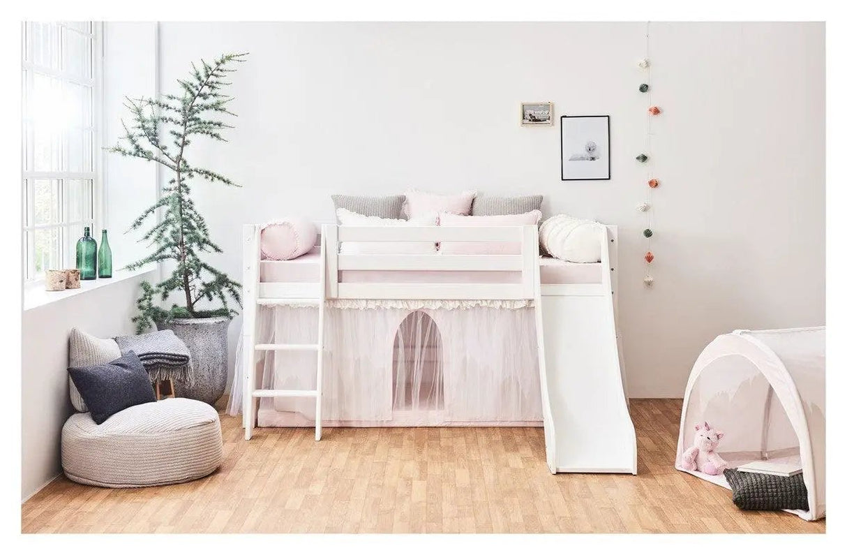 ECO Luxury Halvhøj seng m. stige, rutsjebane og forhæng, Hvid - Unoliving.com