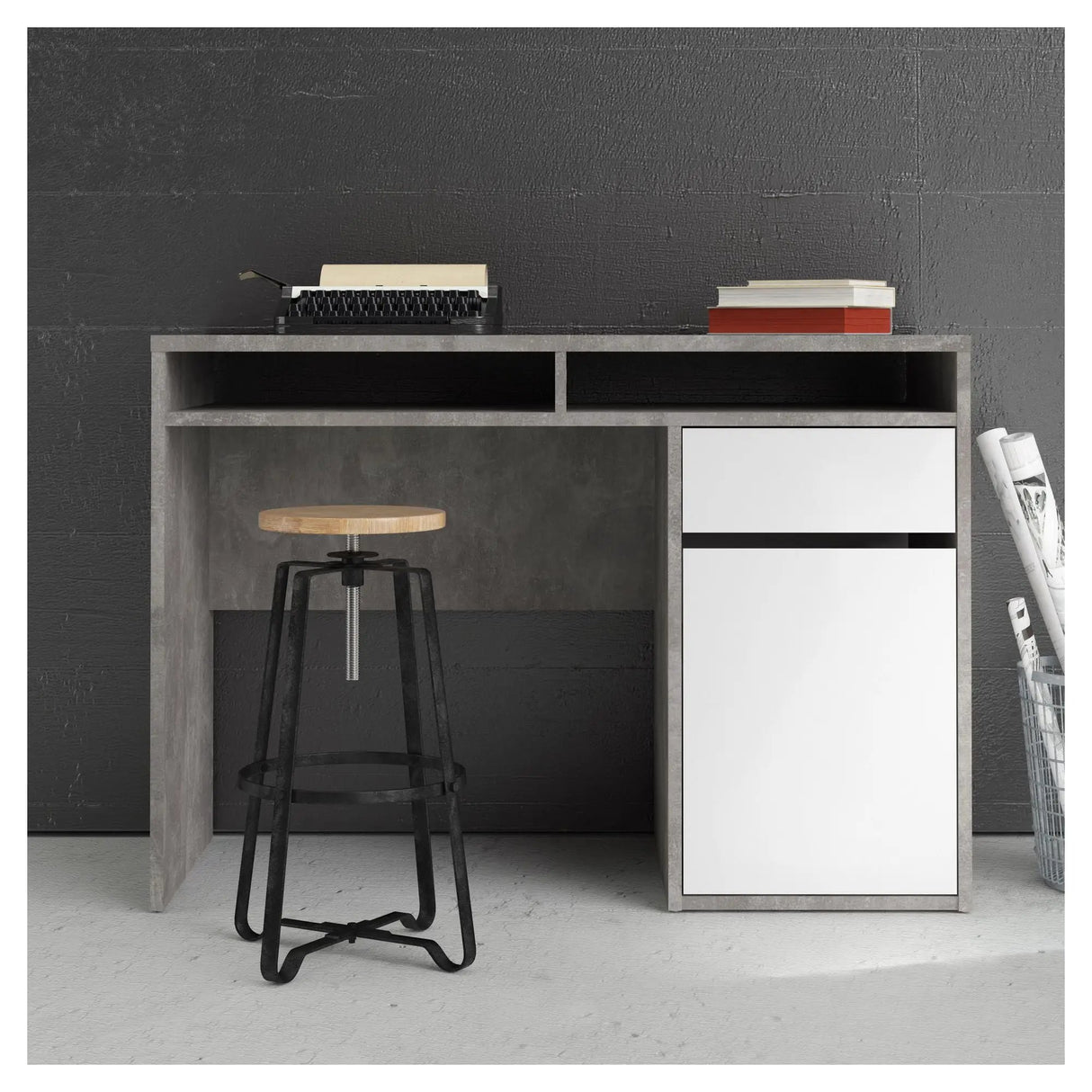 Function Plus Skrivebord 1 låge og skuffe, Oxid grå/Hvid