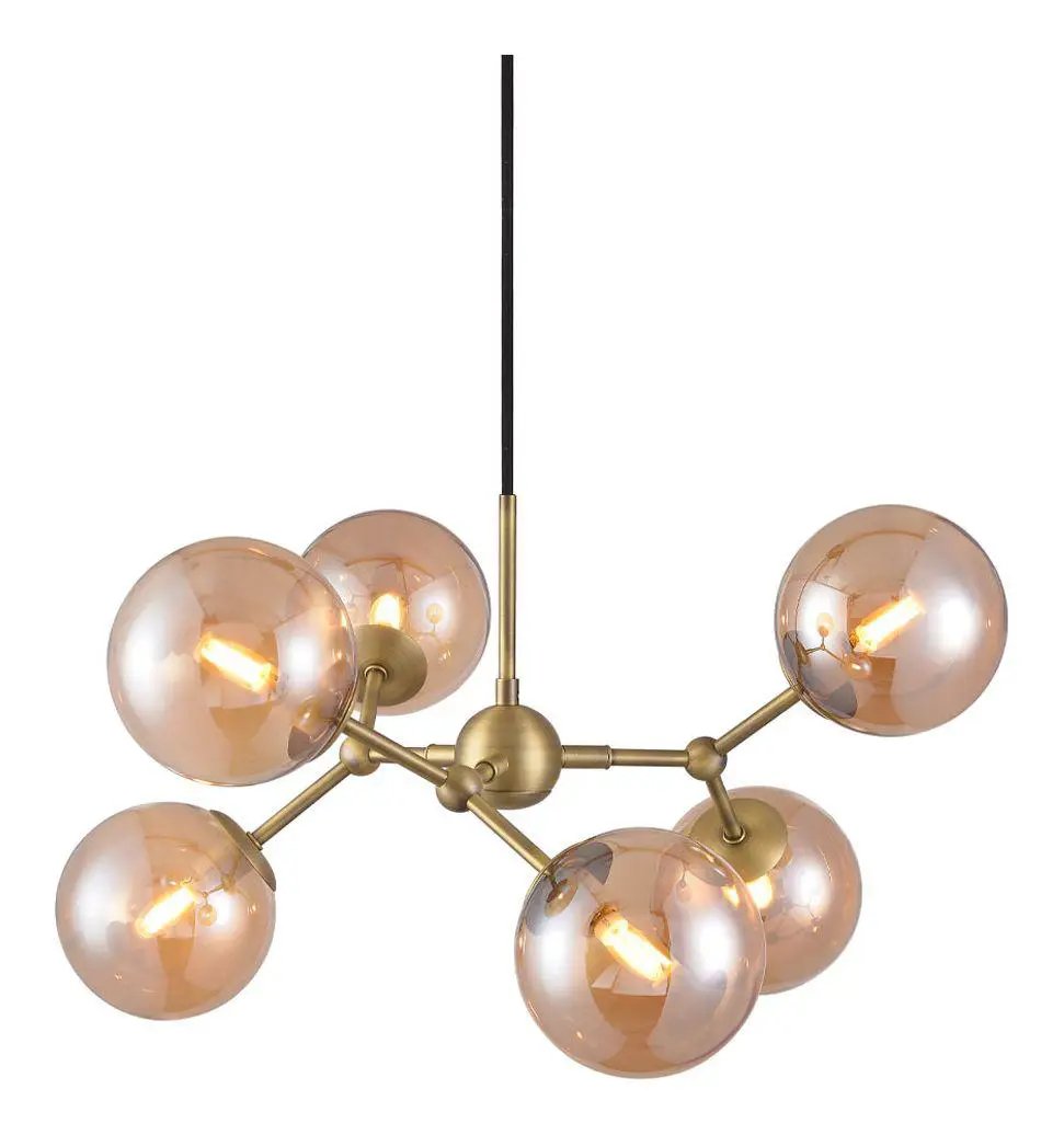 Halo Design ATOM Large lysekrone i antik messing med amberfarvet glas og seks G9-pærer