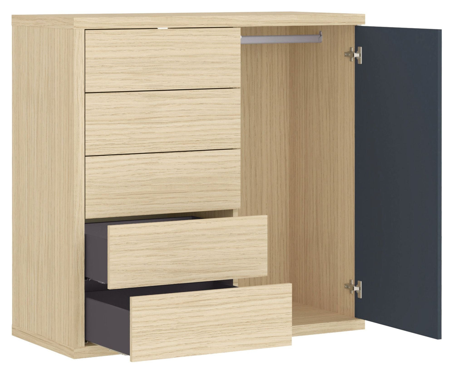 Hugo Kommode m. 5 skuffer og skab, Grå/Natur - Unoliving.com