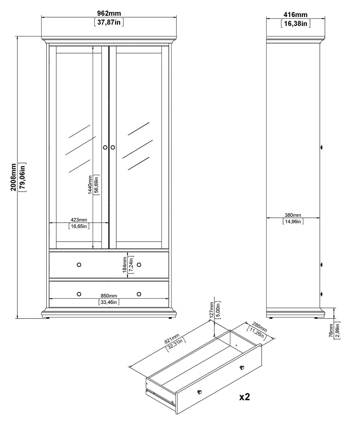 Paris Vitrineskab, Hvid, H:200cm