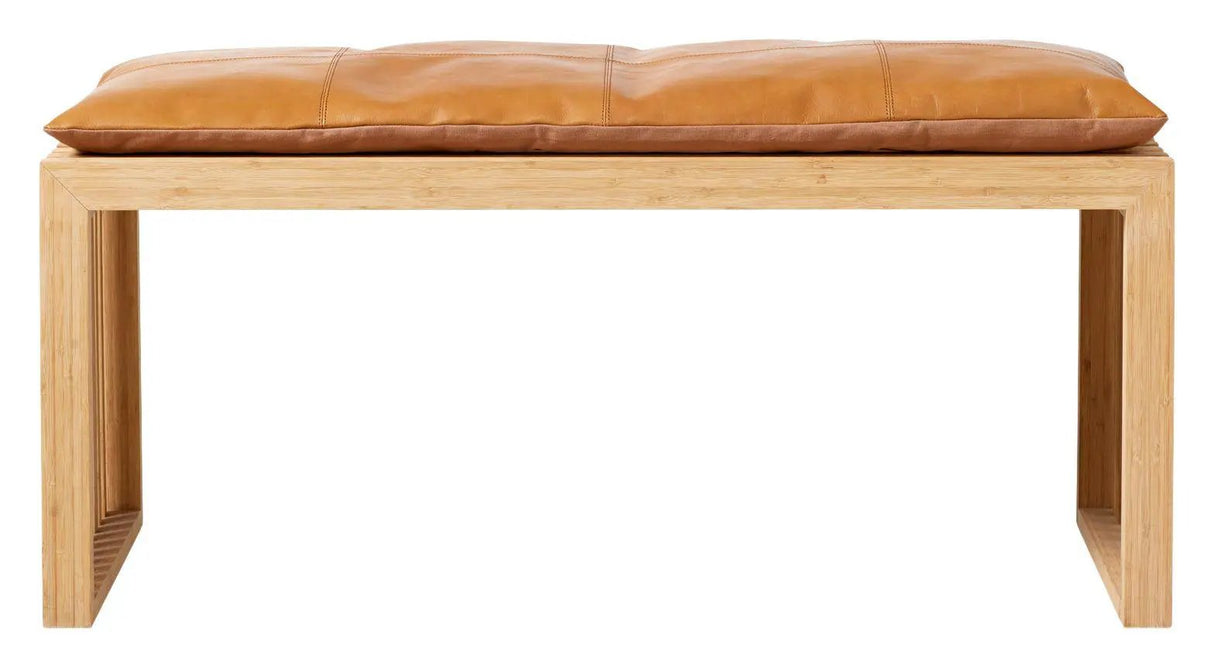 Rib Bænk Bambus med Lysebrun læderhynde, B: 104cm - Unoliving.com