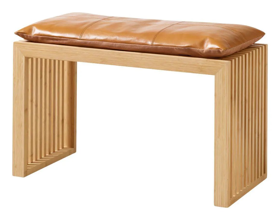 Rib Bænk Bambus med Lysebrun læderhynde, B: 73cm - Unoliving.com