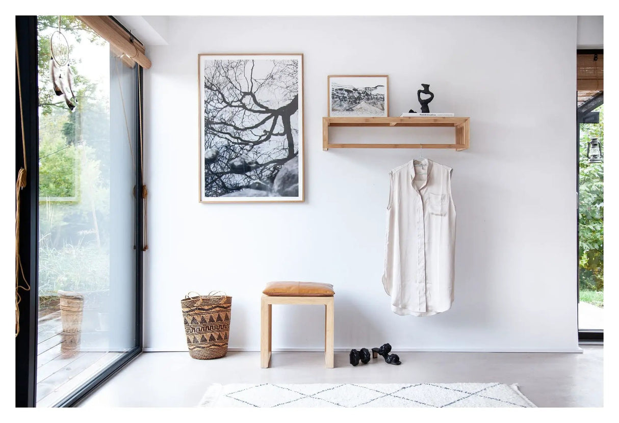 Rib Skammel, Bambus med Lysebrun læderhynde, B: 45cm - Unoliving.com