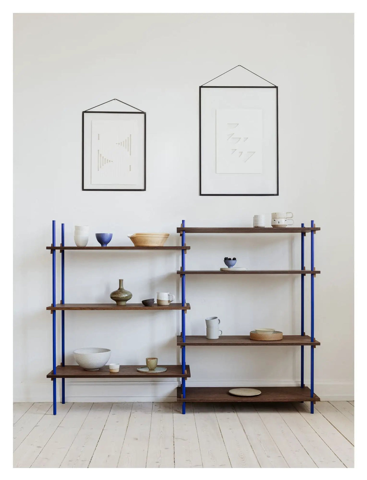 Shelving System, 2 fag, 7 hylder, H:115, Røget Eg/Blå - Unoliving.com