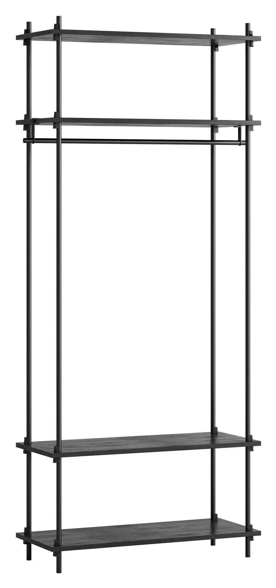 Shelving System m. bøjlestang, 1 fag, 4 hylder, H:200, Sort/sort - Unoliving.com