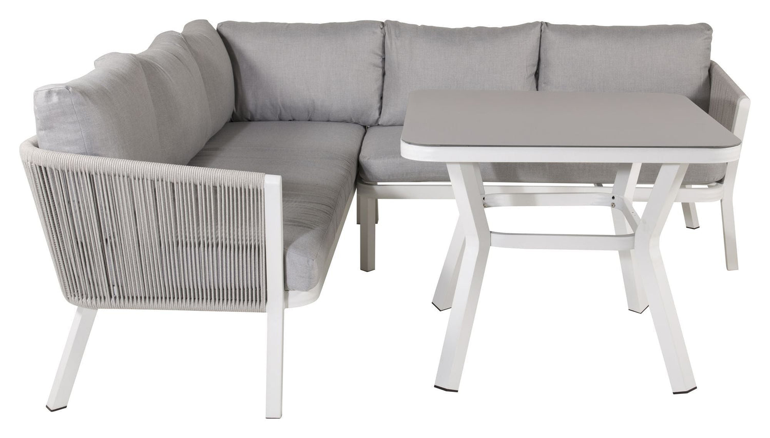 Virya Hjørnesofa m. spisebord, Hvid m. grå hynder - Unoliving.com