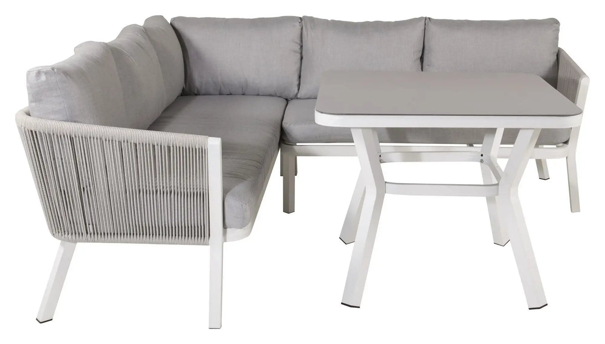 Virya Hjørnesofa m. spisebord, Hvid m. grå hynder - Unoliving.com