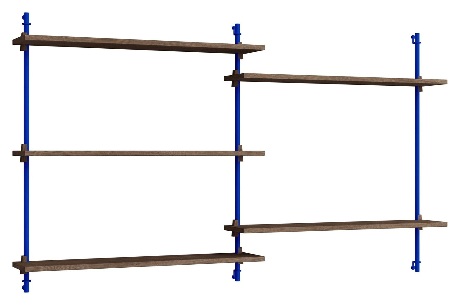 Wall Shelving, 2 fag, 5 hylder, H:85, Røget Eg/Blå - Unoliving.com