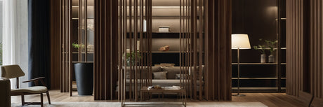 Indret med en klassisk stil med en flot rumdeler i valnød - UNOLIVING