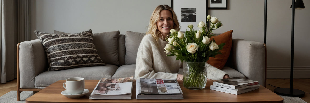 Indret stuen med et flot sofabord i lyst træ - UNOLIVING