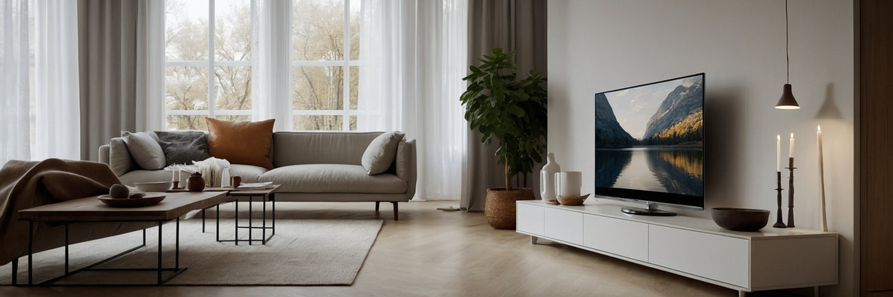 Indret stuen med et stilrent hvidt TV bord - UNOLIVING