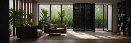 Indret med en flot rumdeler i sort - UNOLIVING