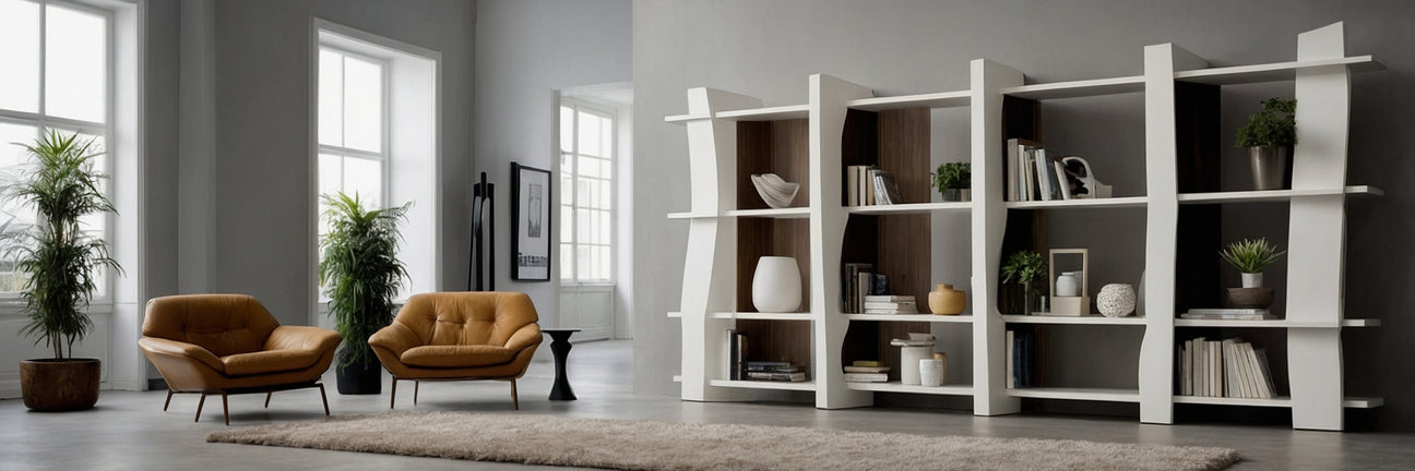 Indret med en stilren rumdeler reol i hvid - UNOLIVING