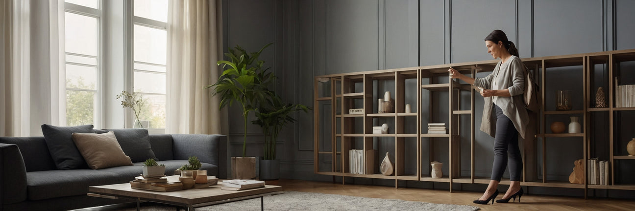 Indret med en elegant og praktisk rumdeler i grå - UNOLIVING