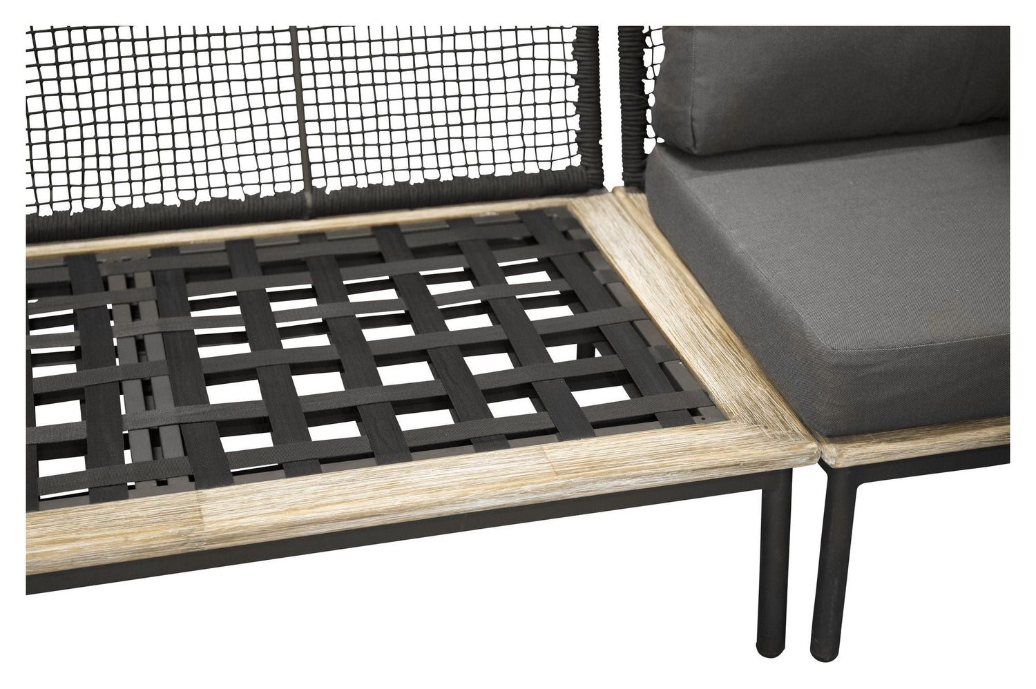 Andorra Hjørnesofa m. bord, Sort Alu/Sort Reb/Grå Hynde - UNOLIVING.COM