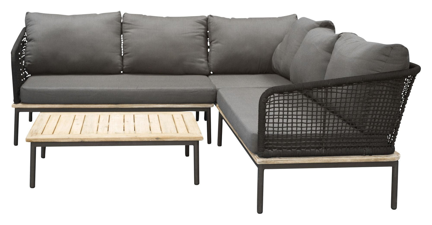 Andorra Hjørnesofa m. bord, Sort Alu/Sort Reb/Grå Hynde - UNOLIVING.COM