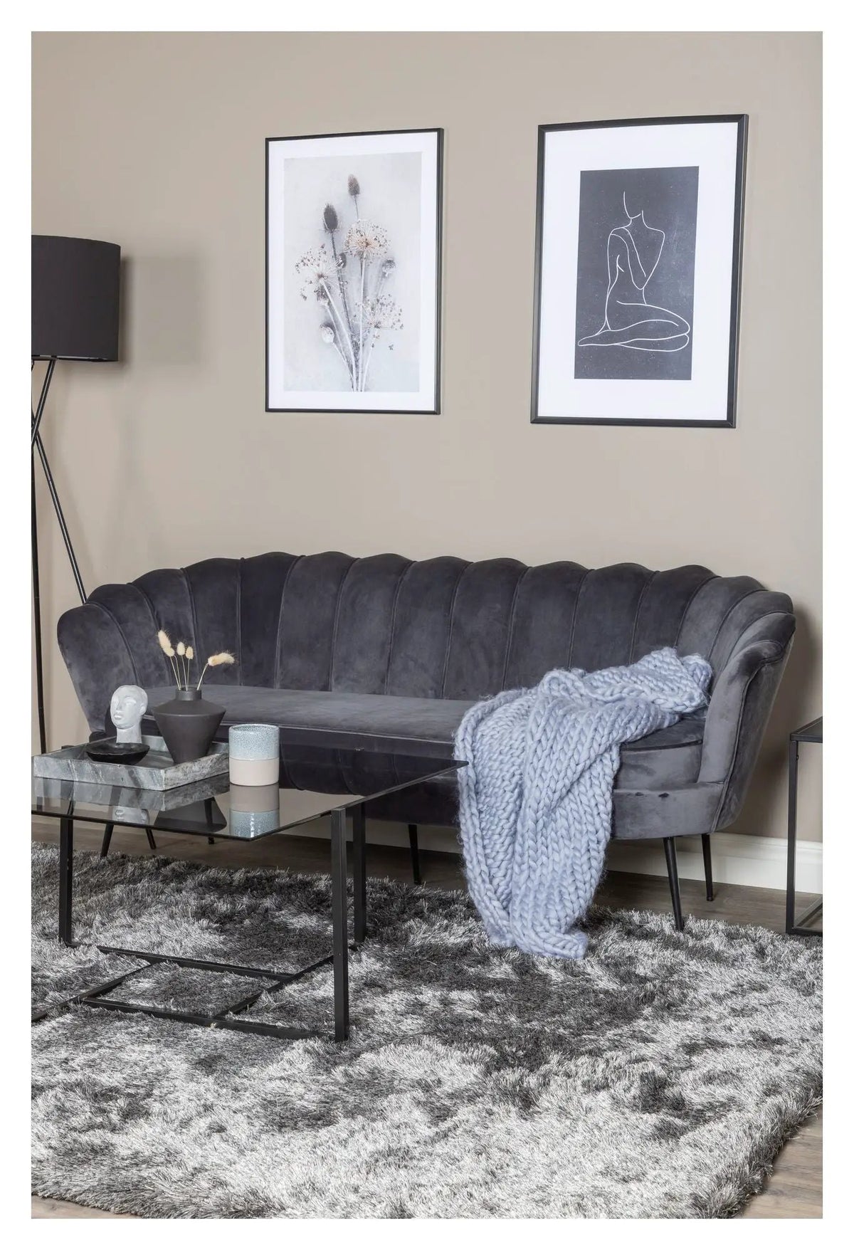 Calais 3-pers. Sofa, Mørkegrå Velour m. sorte ben