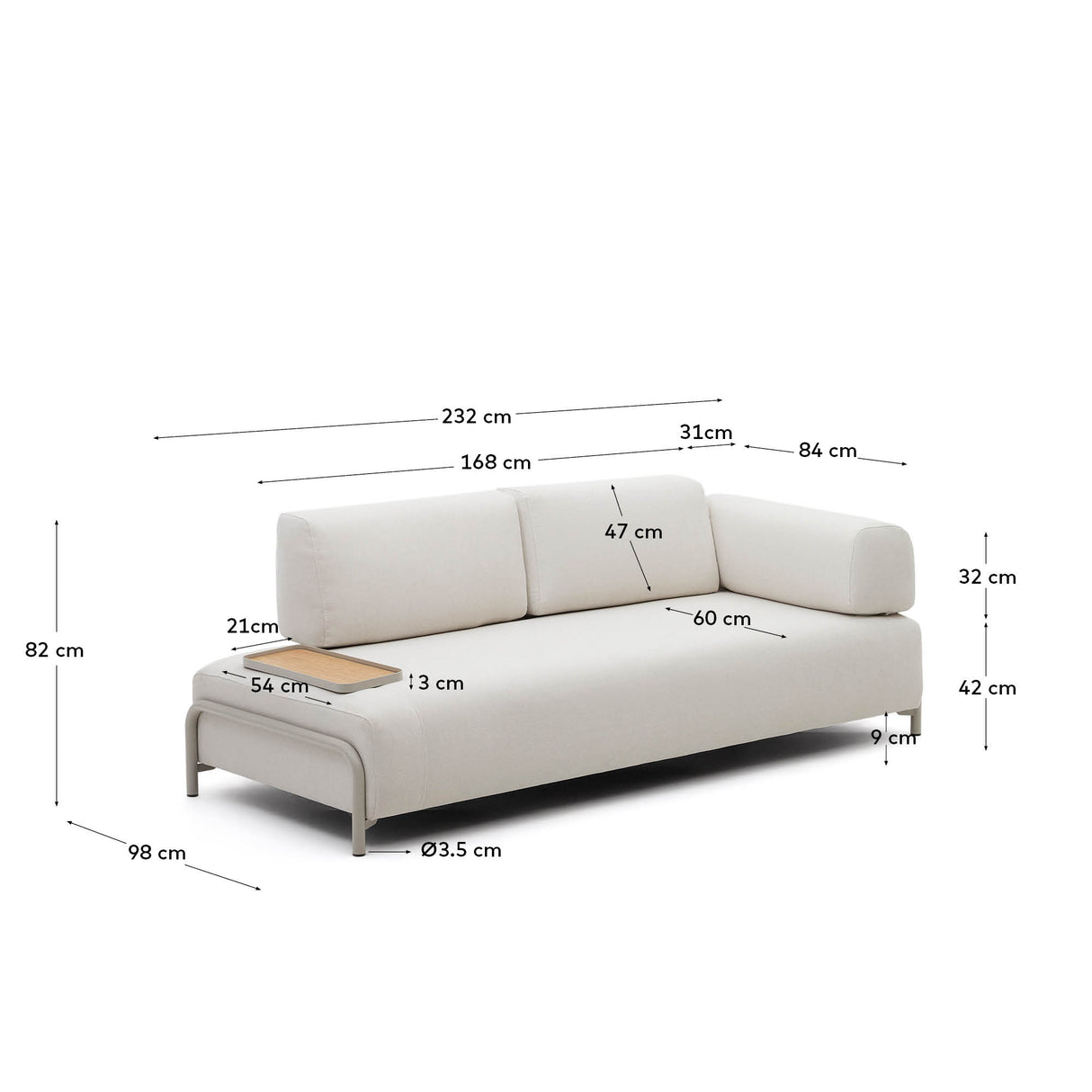 Compo 3-Personers Sofa med Bakke 232Cm, Beige/Grå