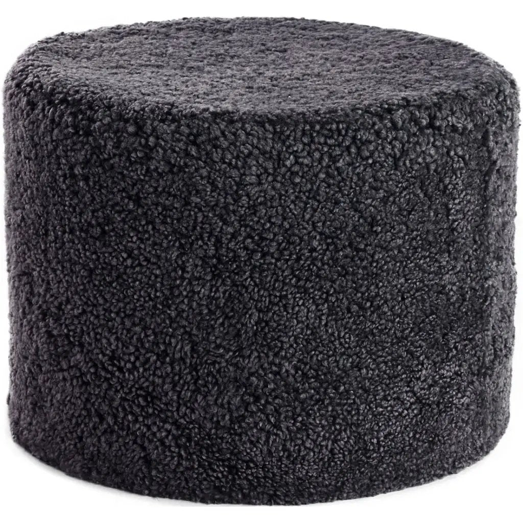 Puf af NZ kort krøllet lammeskind, Cylinder 41x31, Antracit