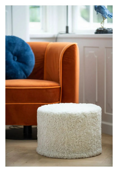 Puf af NZ kort krøllet lammeskind, Cylinder 41x31, Ivory