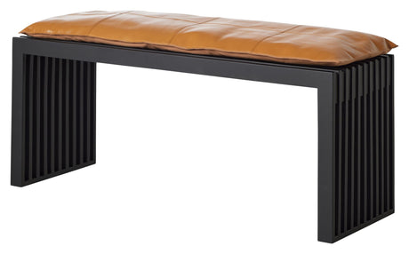 Rib Bænk Mat Sort Mahogni med Lysebrun læderhynde, B: 104cm - Unoliving.com