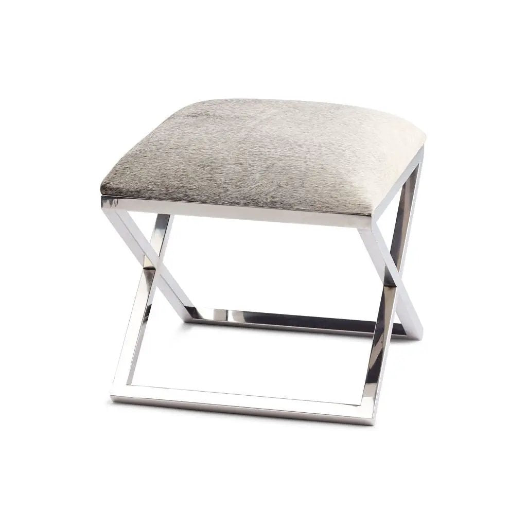 Skammel af koskind m. rustfri stål, Natural Grey